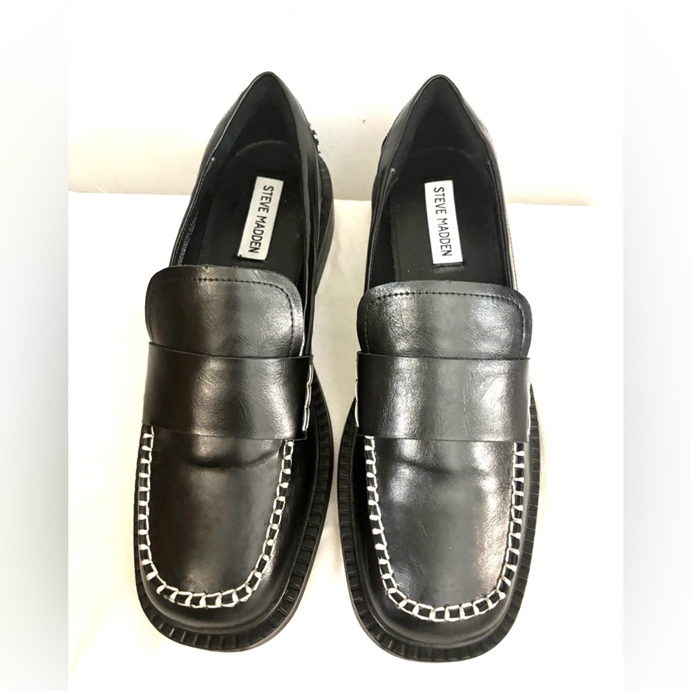 Steve Madden Womens Course Leather Lug Loafers Shoes Black 9.5